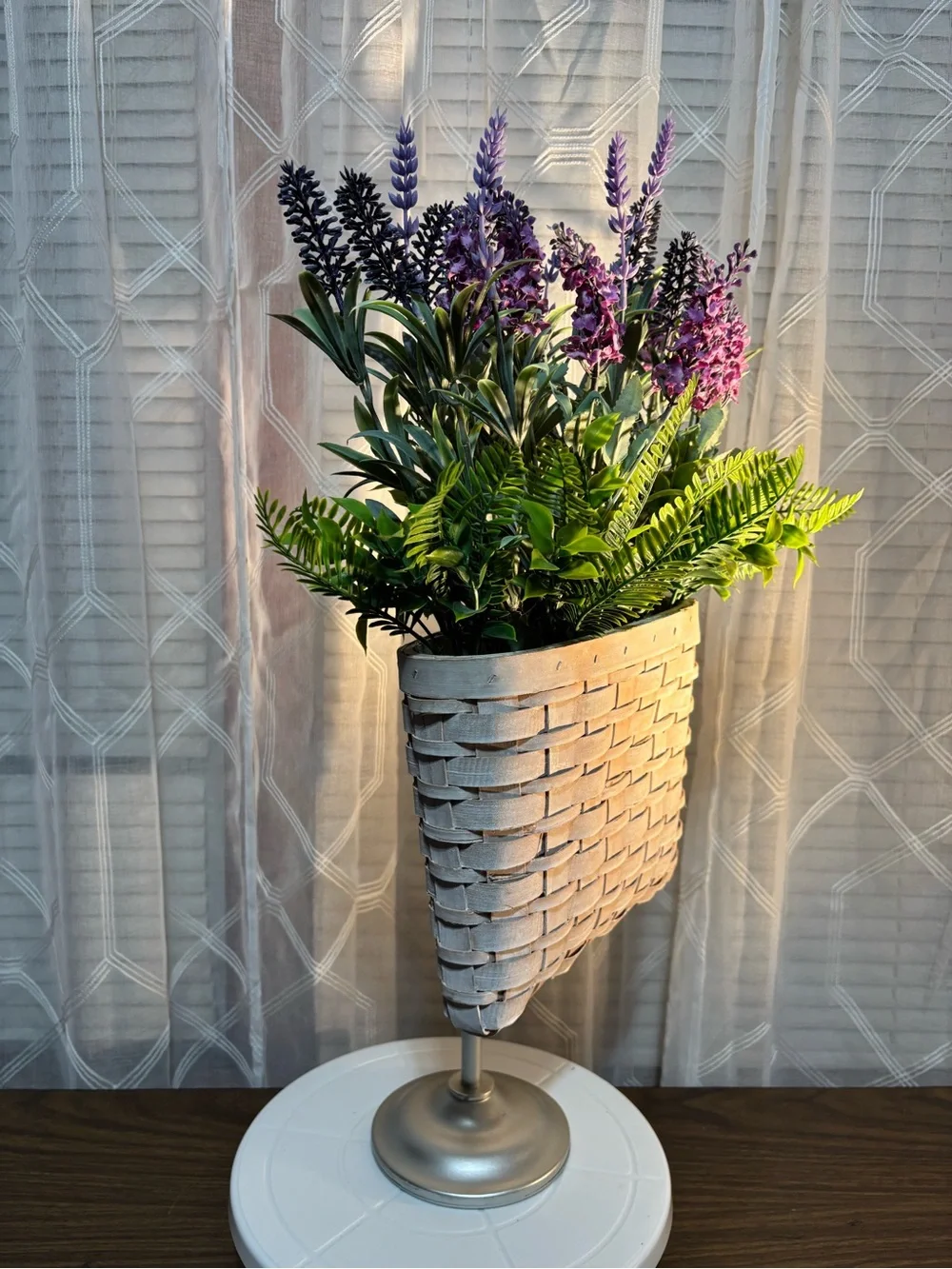 Decorative Lavender and Green Faux Floral Arrangement in White Woven Planter 18”